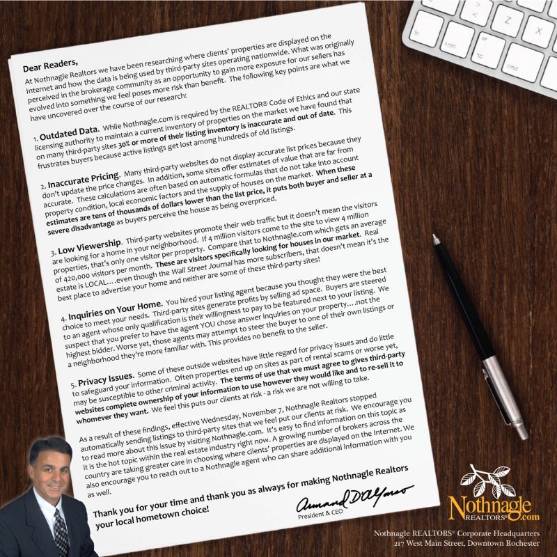 Many broker's nationwide are stopping their syndication to third-party sites, like Zillow!  Nothnagle Realtors is just one of them!